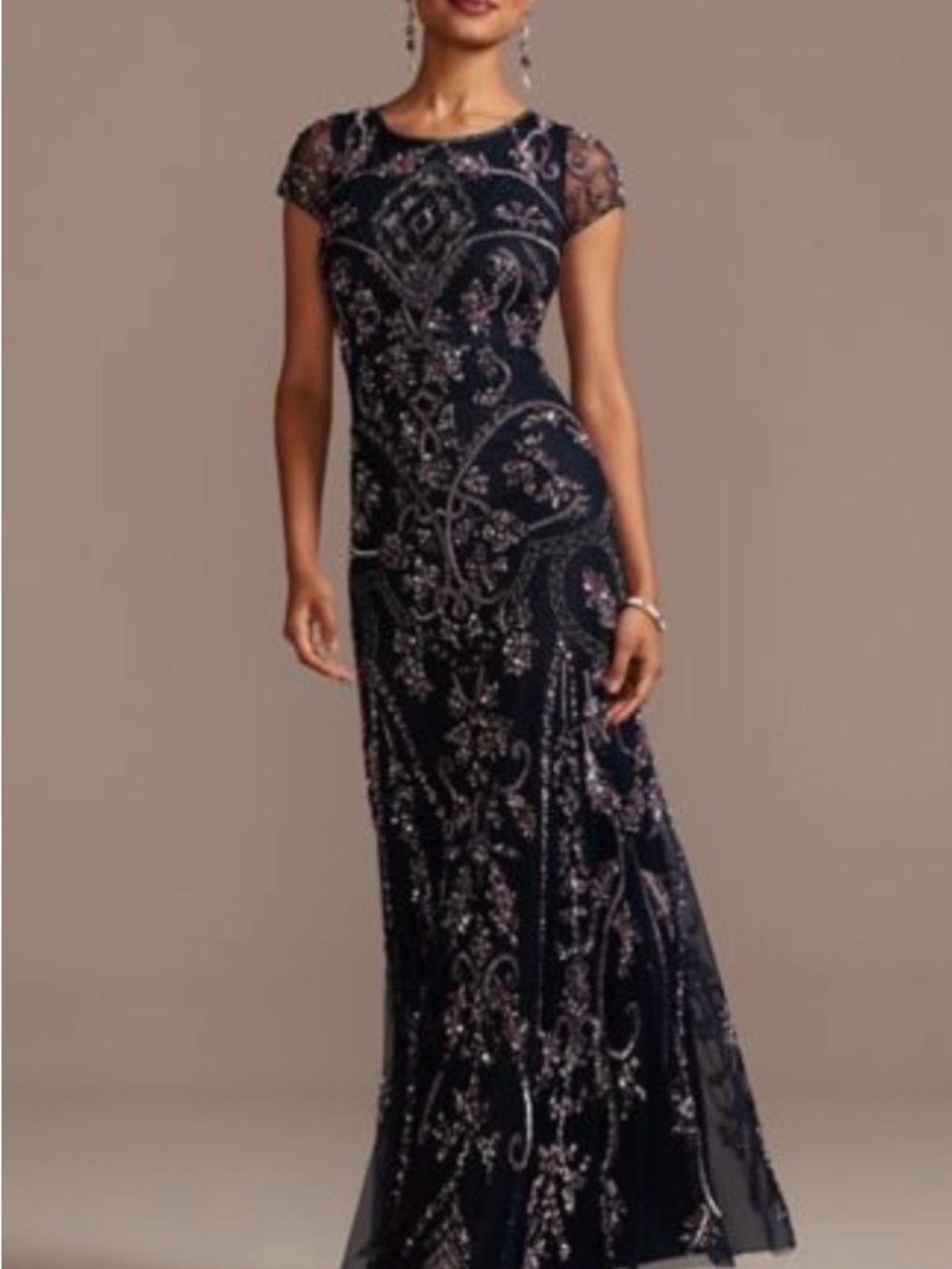 Pizarro Nights Navy Bead and Sequin Embellished Scoopneck Mesh Gown